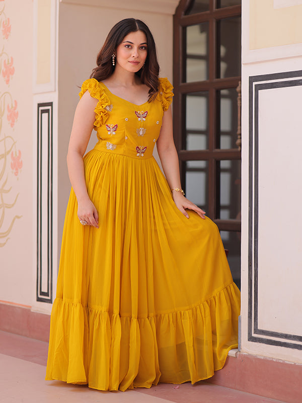 Yellow Faux Blooming With Multithreaded Sequins Gown