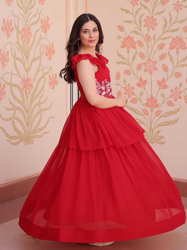 Peplum Style Red Faux Bloomimg Gown With Beads Embroidered Work