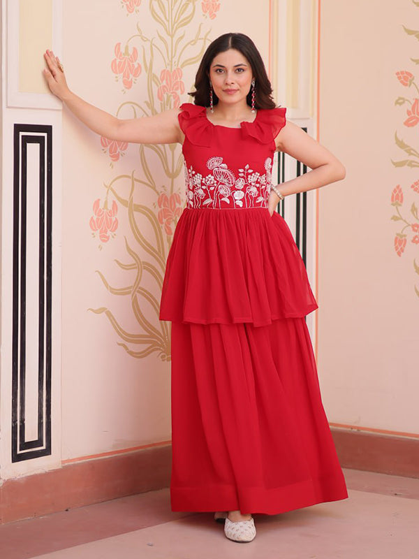 Peplum Style Red Faux Bloomimg Gown With Beads Embroidered Work