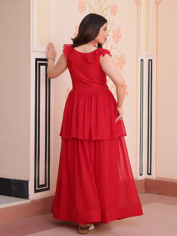 Peplum Style Red Faux Bloomimg Gown With Beads Embroidered Work