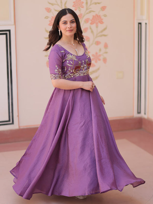 Lavender Gold Crush Beads Embroidered Work Gown