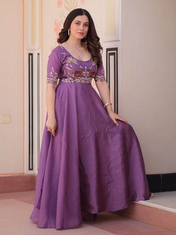 Lavender Gold Crush Beads Embroidered Work Gown