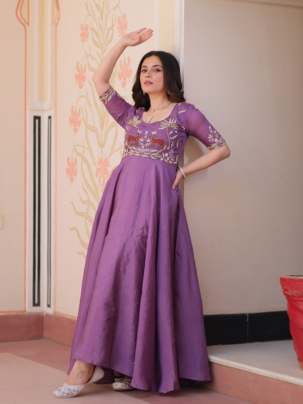 Lavender Gold Crush Beads Embroidered Work Gown