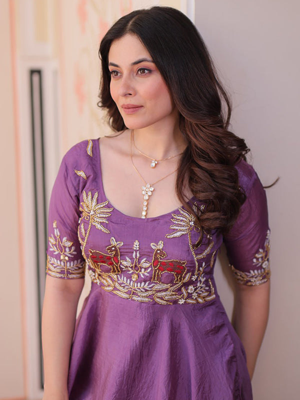 Lavender Gold Crush Beads Embroidered Work Gown