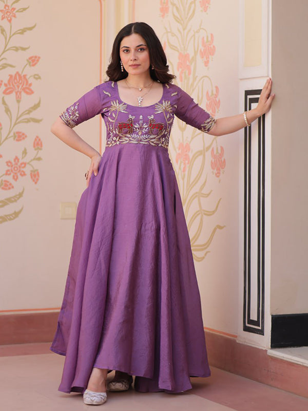 Lavender Gold Crush Beads Embroidered Work Gown