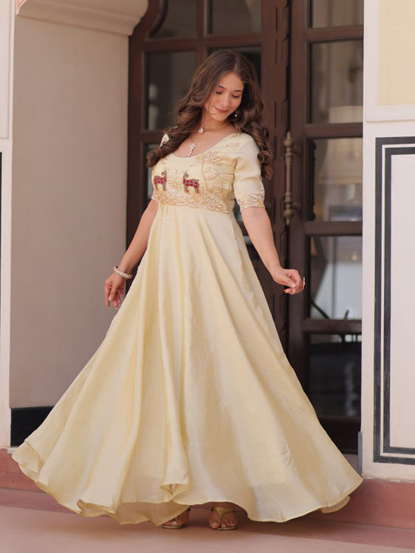 Off White Gold Crush Beads Embroidered Work Gown