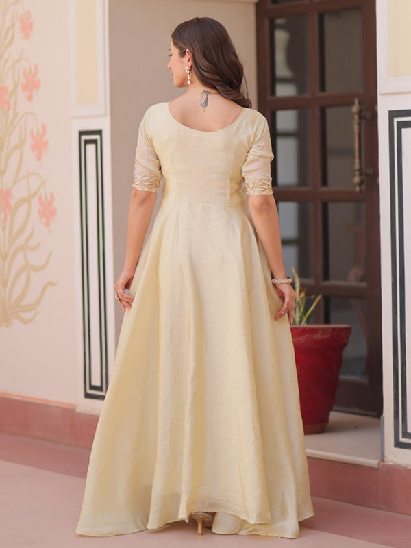 Off White Gold Crush Beads Embroidered Work Gown