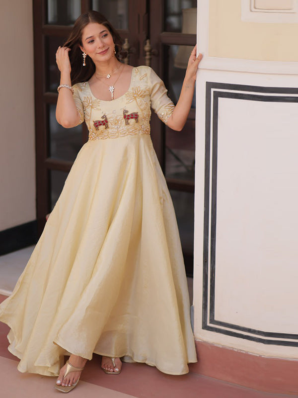 Off White Gold Crush Beads Embroidered Work Gown