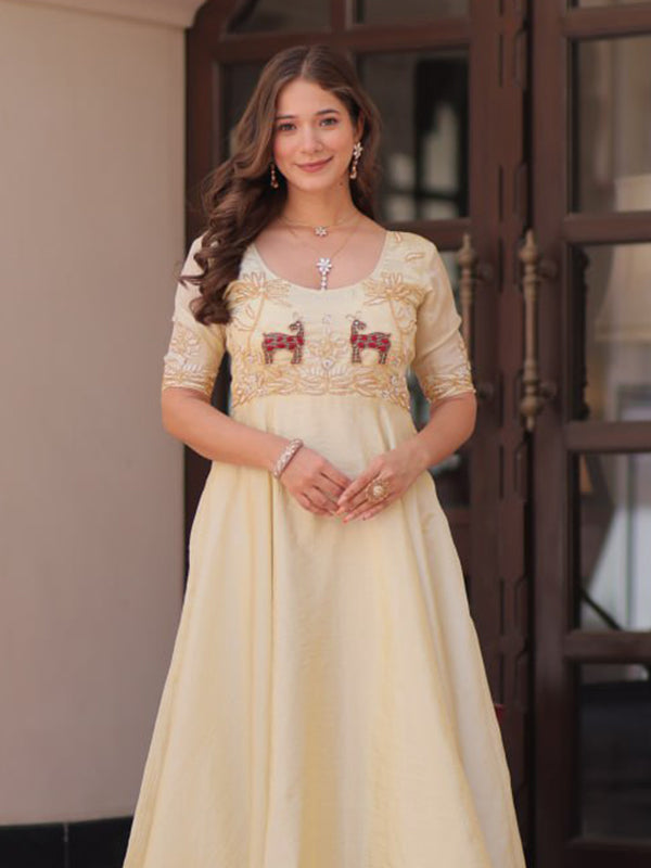 Off White Gold Crush Beads Embroidered Work Gown