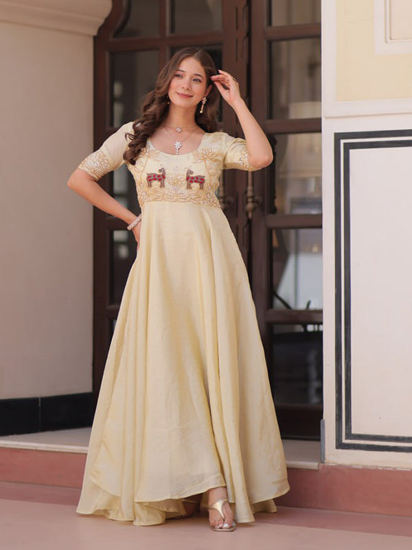 Off White Gold Crush Beads Embroidered Work Gown