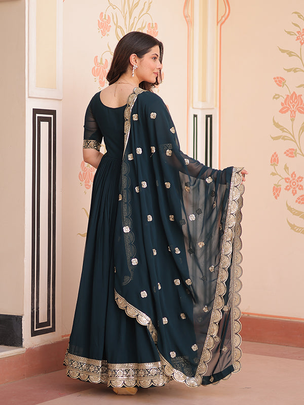 Rama Embroidery Zari Sequins Work Georgette Gown With Dupatta
