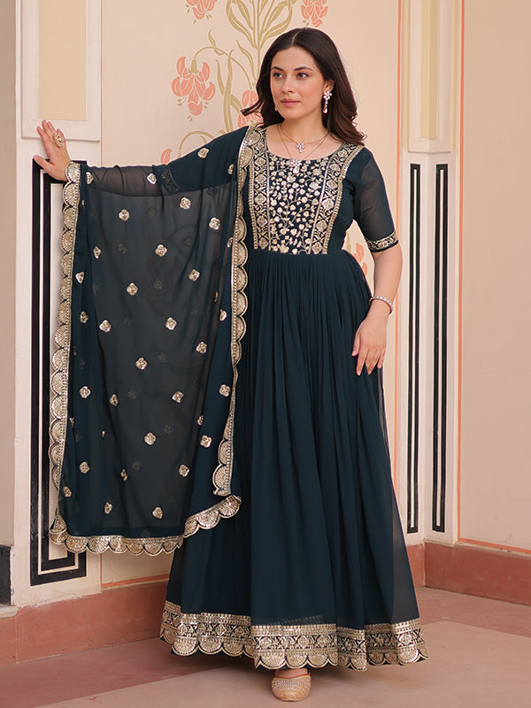Rama Embroidery Zari Sequins Work Georgette Gown With Dupatta
