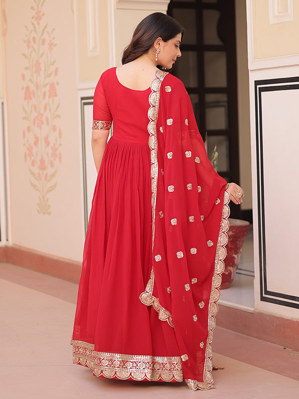 Red Embroidery Zari Sequins Work Georgette Gown With Dupatta