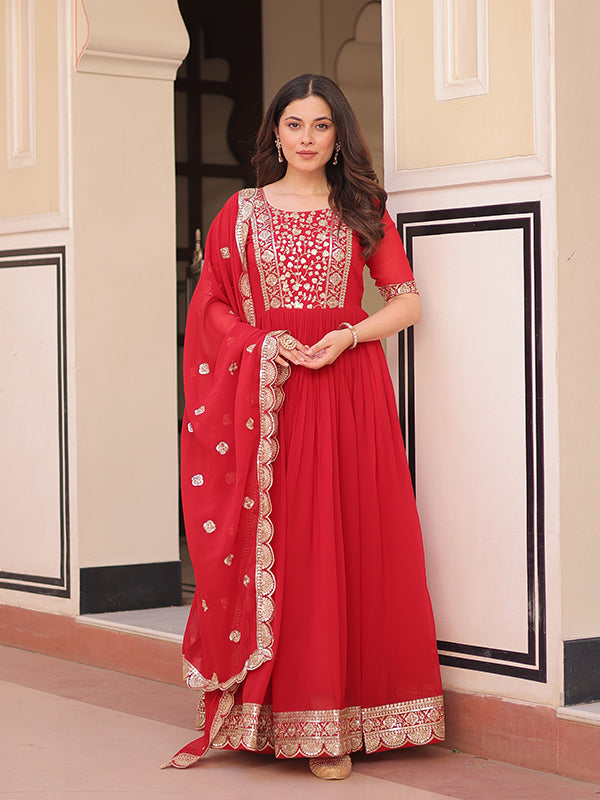 Red Embroidery Zari Sequins Work Georgette Gown With Dupatta