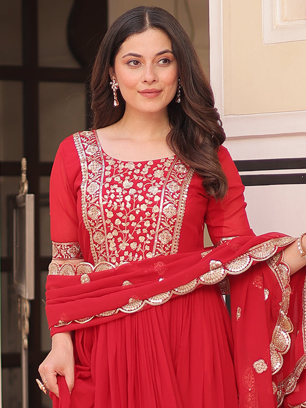 Red Embroidery Zari Sequins Work Georgette Gown With Dupatta