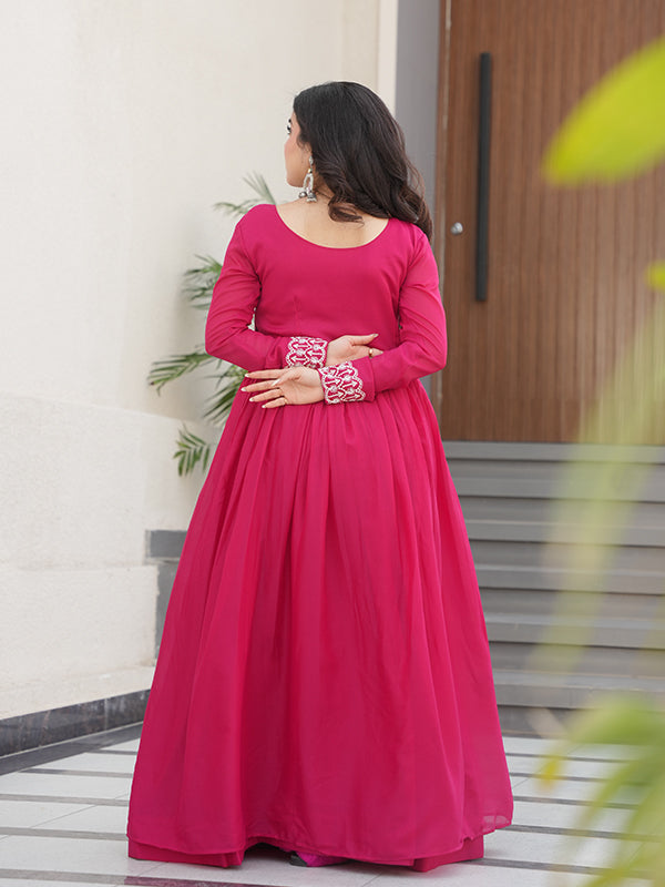 Pink Embroidery Beads Sequins Work Georgette Gown