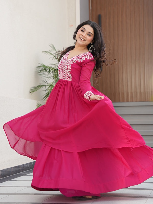Pink Embroidery Beads Sequins Work Georgette Gown