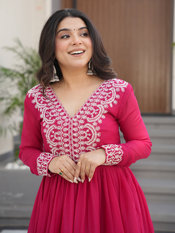 Pink Embroidery Beads Sequins Work Georgette Gown