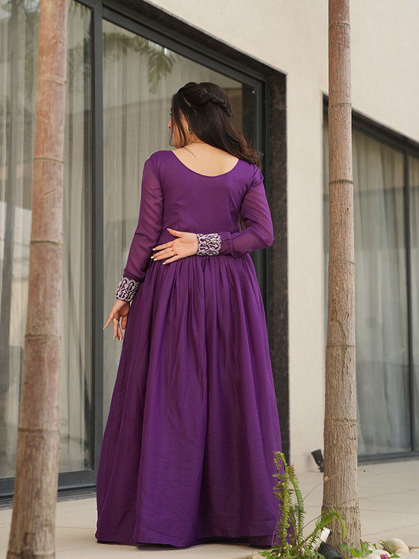 Purple Embroidery Beads Sequins Work Georgette Gown