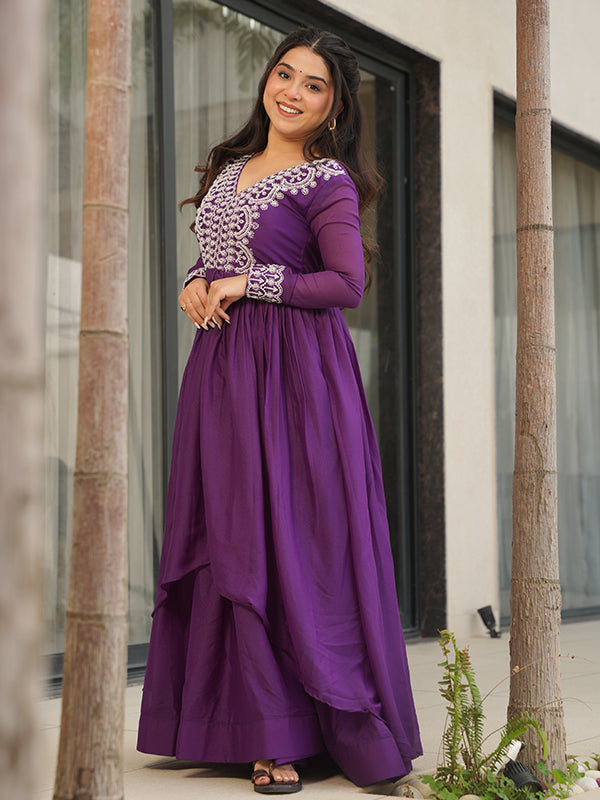 Purple Embroidery Beads Sequins Work Georgette Gown