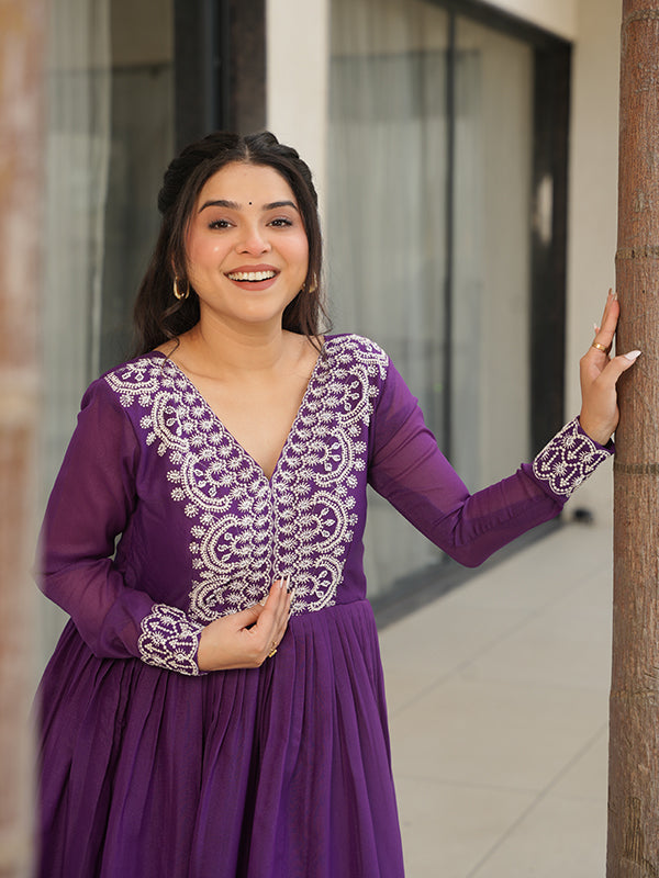 Purple Embroidery Beads Sequins Work Georgette Gown