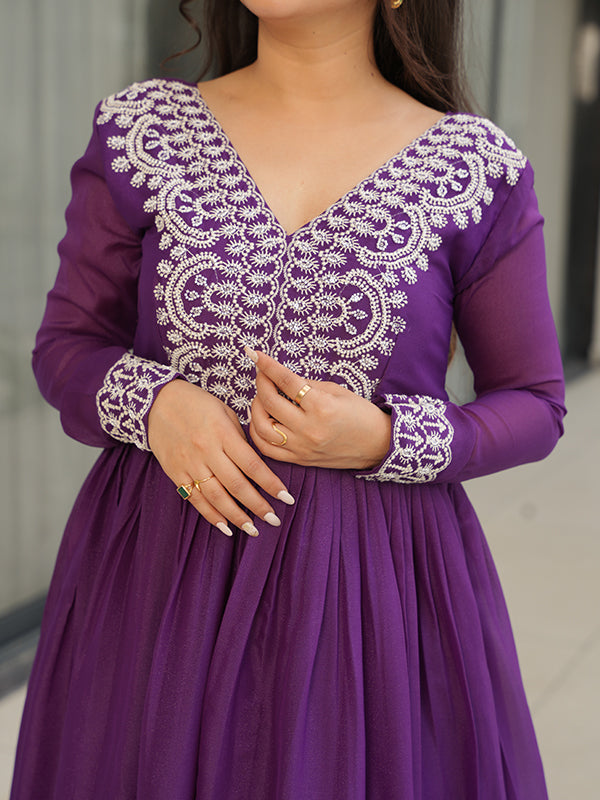 Purple Embroidery Beads Sequins Work Georgette Gown