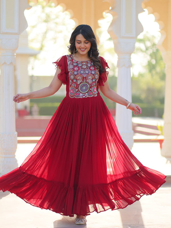 Maroon Sequins Multi Threaded Embroidered Work Gown