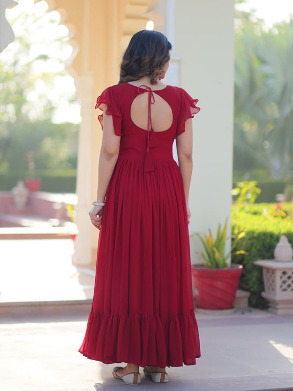Maroon Sequins Multi Threaded Embroidered Work Gown