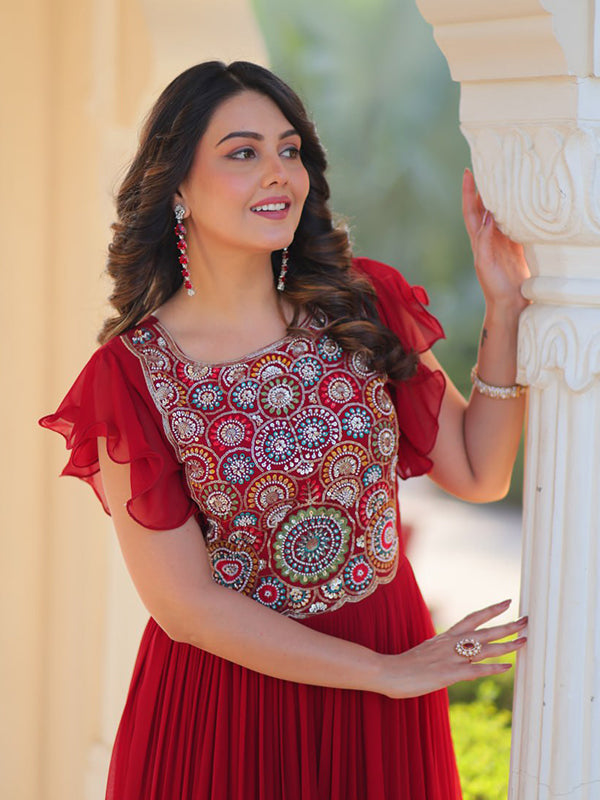 Maroon Sequins Multi Threaded Embroidered Work Gown