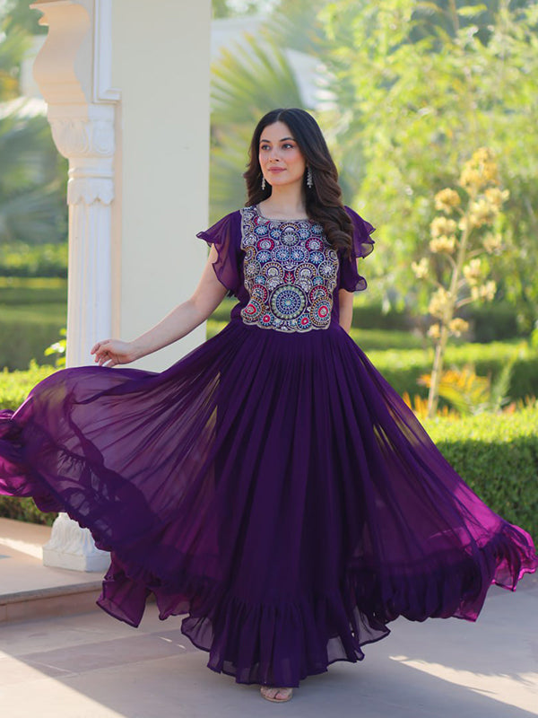 Purple Sequins Multi Threaded Embroidered Work Gown
