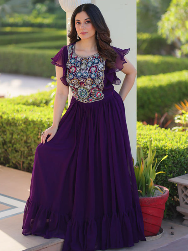 Purple Sequins Multi Threaded Embroidered Work Gown