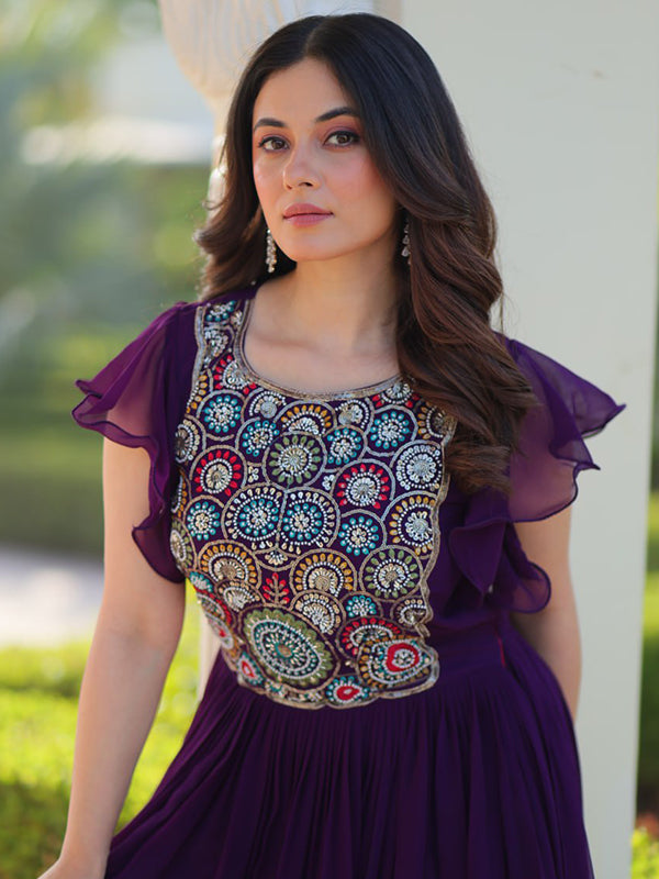 Purple Sequins Multi Threaded Embroidered Work Gown