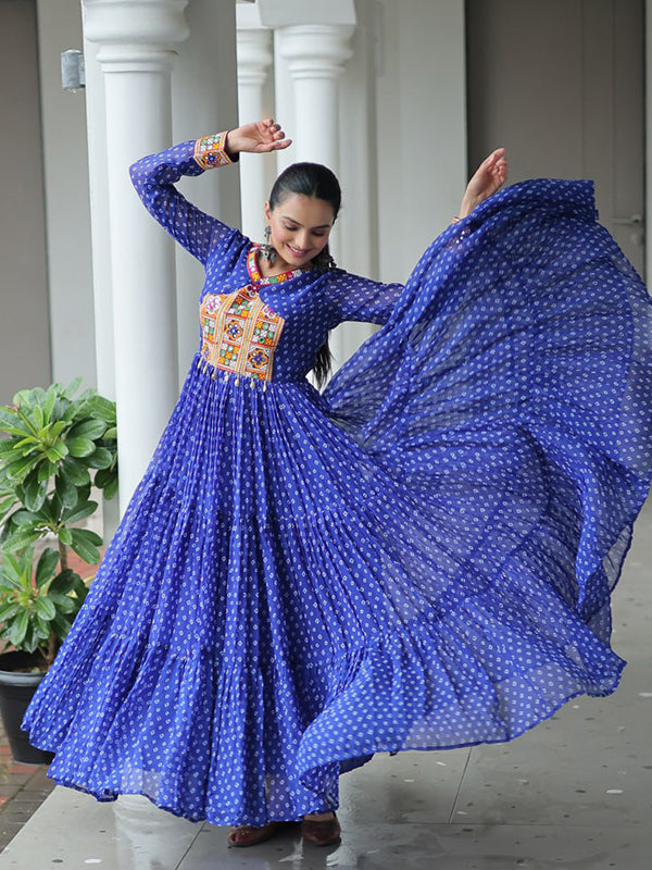 Blue Bandhani Printed kutchi Patch Work Gown