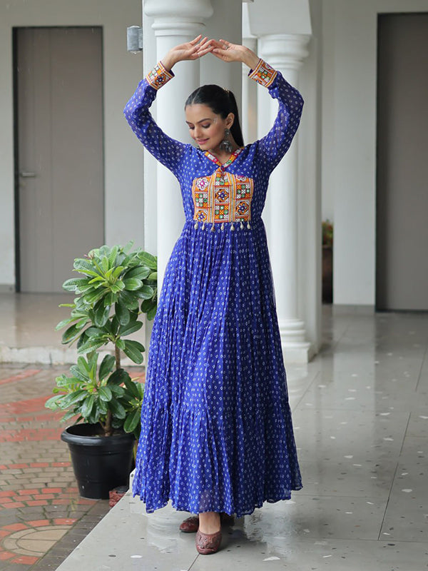 Blue Bandhani Printed kutchi Patch Work Gown