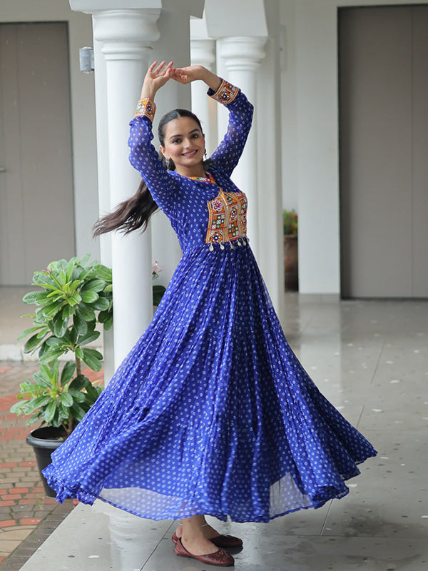 Blue Bandhani Printed kutchi Patch Work Gown