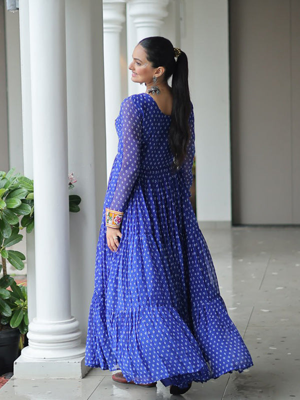Blue Bandhani Printed kutchi Patch Work Gown