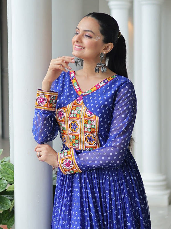 Blue Bandhani Printed kutchi Patch Work Gown