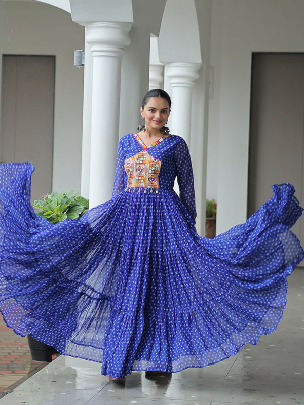 Blue Bandhani Printed kutchi Patch Work Gown