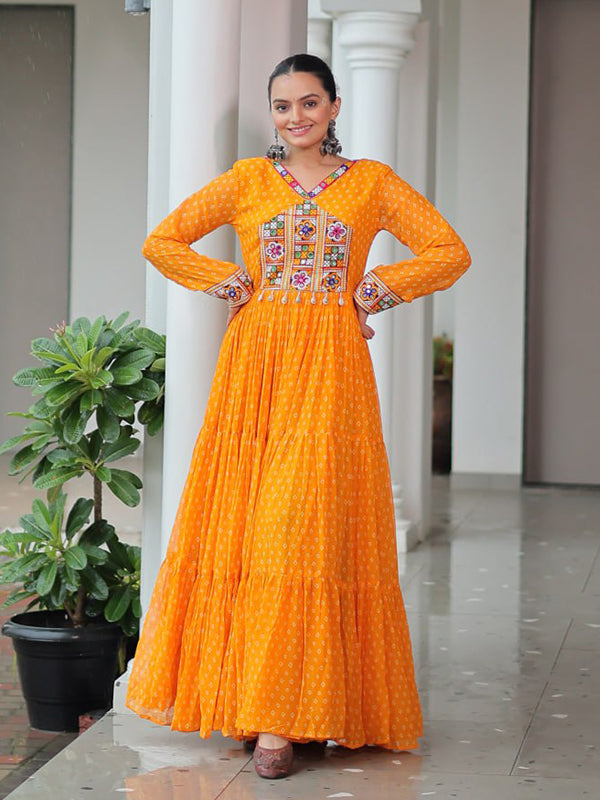 Yellow Bandhani Printed kutchi Patch Work Gown