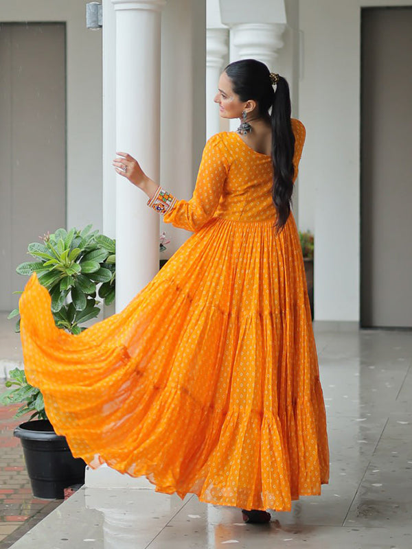 Yellow Bandhani Printed kutchi Patch Work Gown