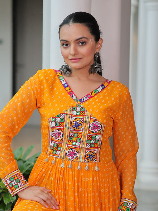 Yellow Bandhani Printed kutchi Patch Work Gown