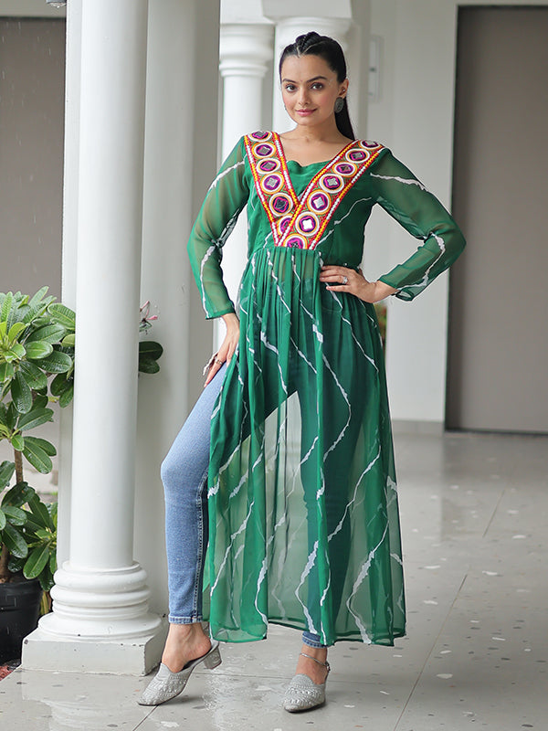 Green Laheriya Printed Kutchi Patchwork Georgette Long Kurti