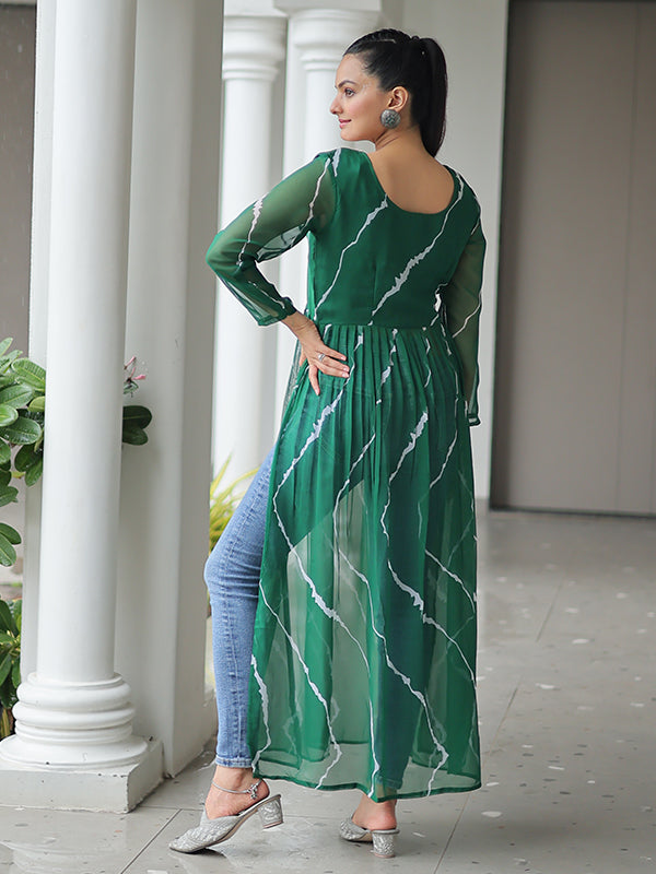 Green Laheriya Printed Kutchi Patchwork Georgette Long Kurti