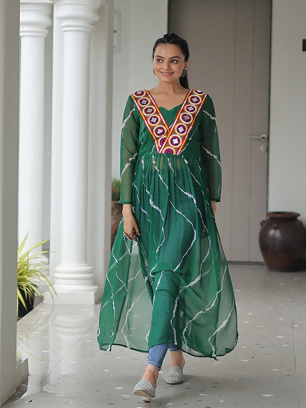 Green Laheriya Printed Kutchi Patchwork Georgette Long Kurti