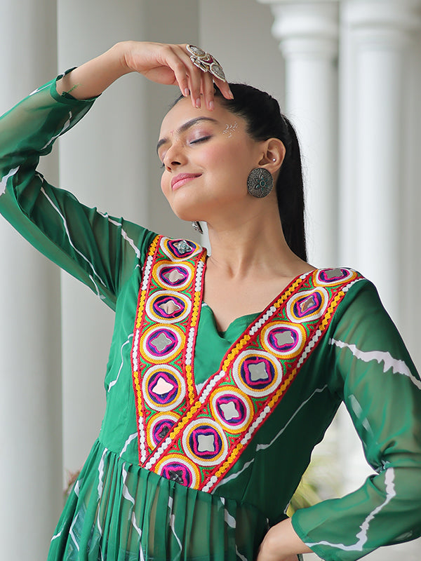 Green Laheriya Printed Kutchi Patchwork Georgette Long Kurti