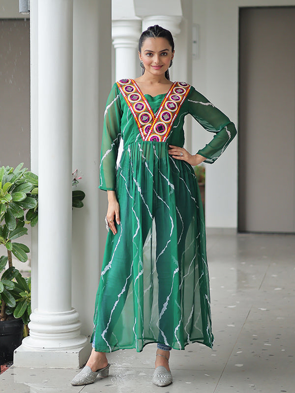 Green Laheriya Printed Kutchi Patchwork Georgette Long Kurti