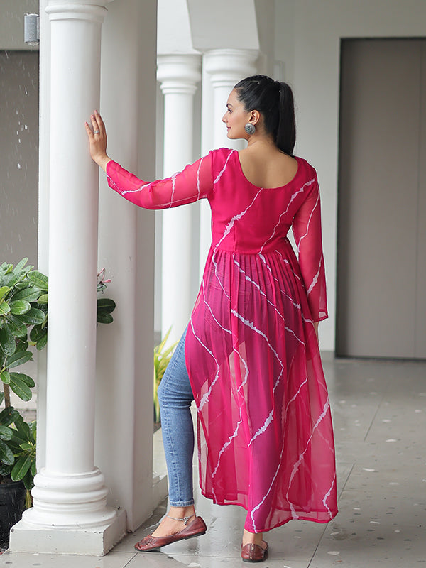 Pink Laheriya Printed Kutchi Patchwork Georgette Long Kurti