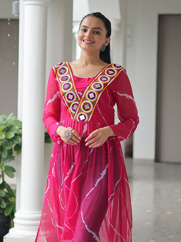 Pink Laheriya Printed Kutchi Patchwork Georgette Long Kurti
