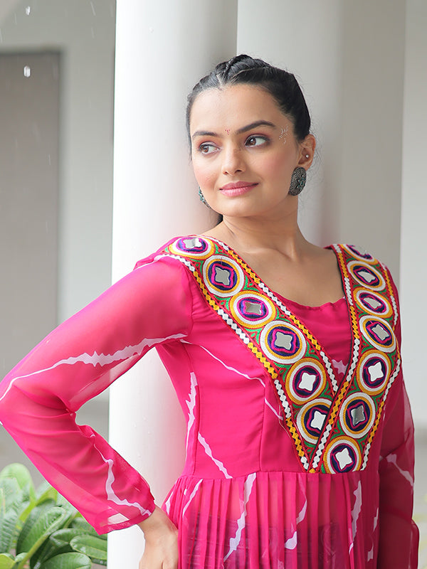 Pink Laheriya Printed Kutchi Patchwork Georgette Long Kurti