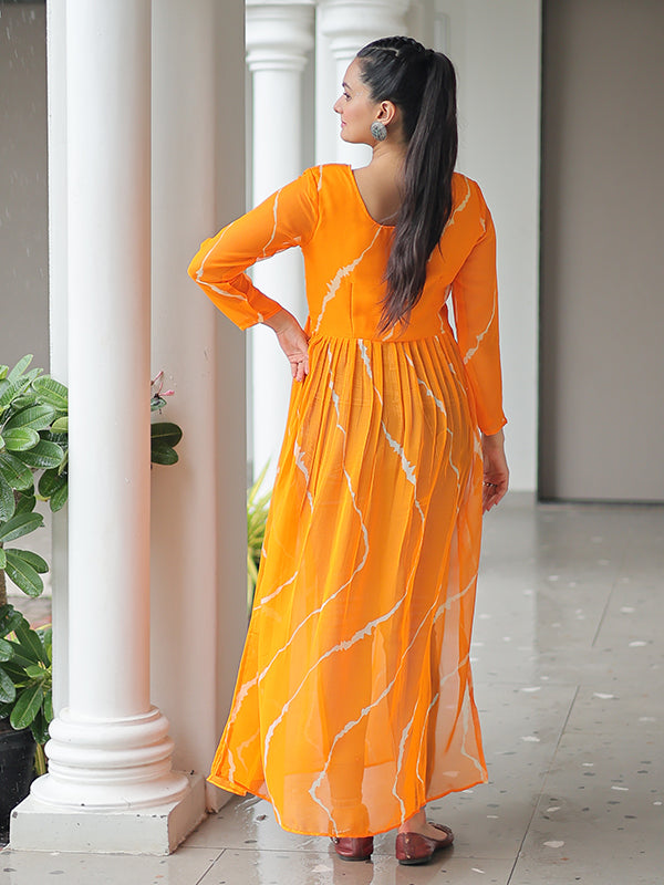 Yellow Laheriya Printed Kutchi Patchwork Georgette Long Kurti